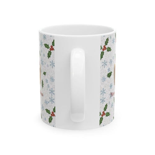 Holiday Holly & Snowflake Ceramic Mug — Christmas Pattern Coffee Cup (11oz, 15oz)
