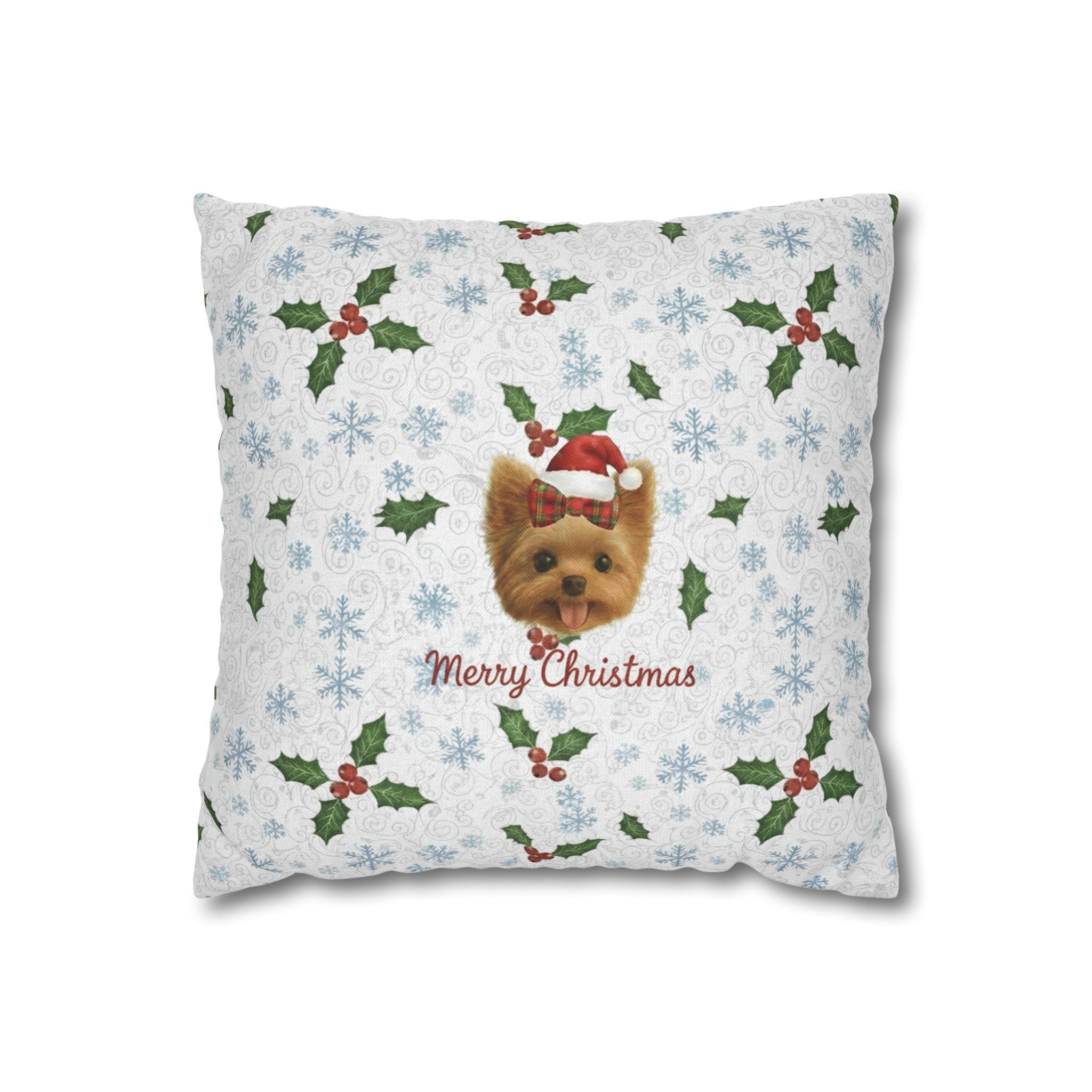 Christmas Dog Pillowcase — "Merry Christmas" Yorkie Holiday Throw Pillow