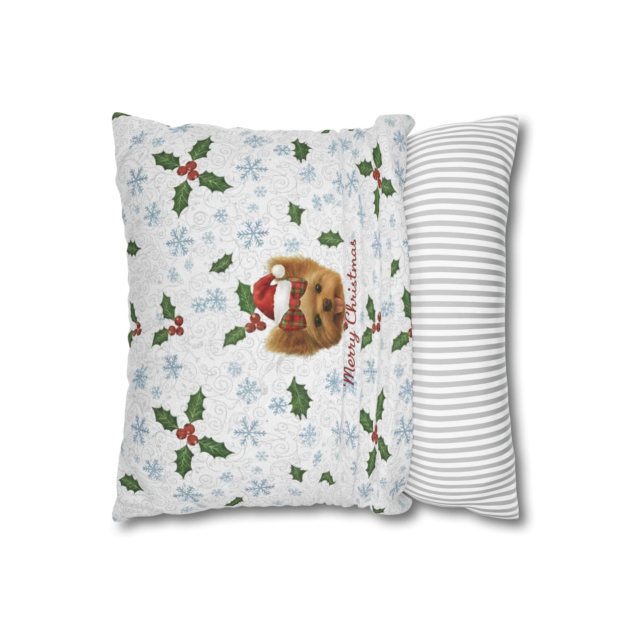 Christmas Dog Pillowcase — "Merry Christmas" Yorkie Holiday Throw Pillow