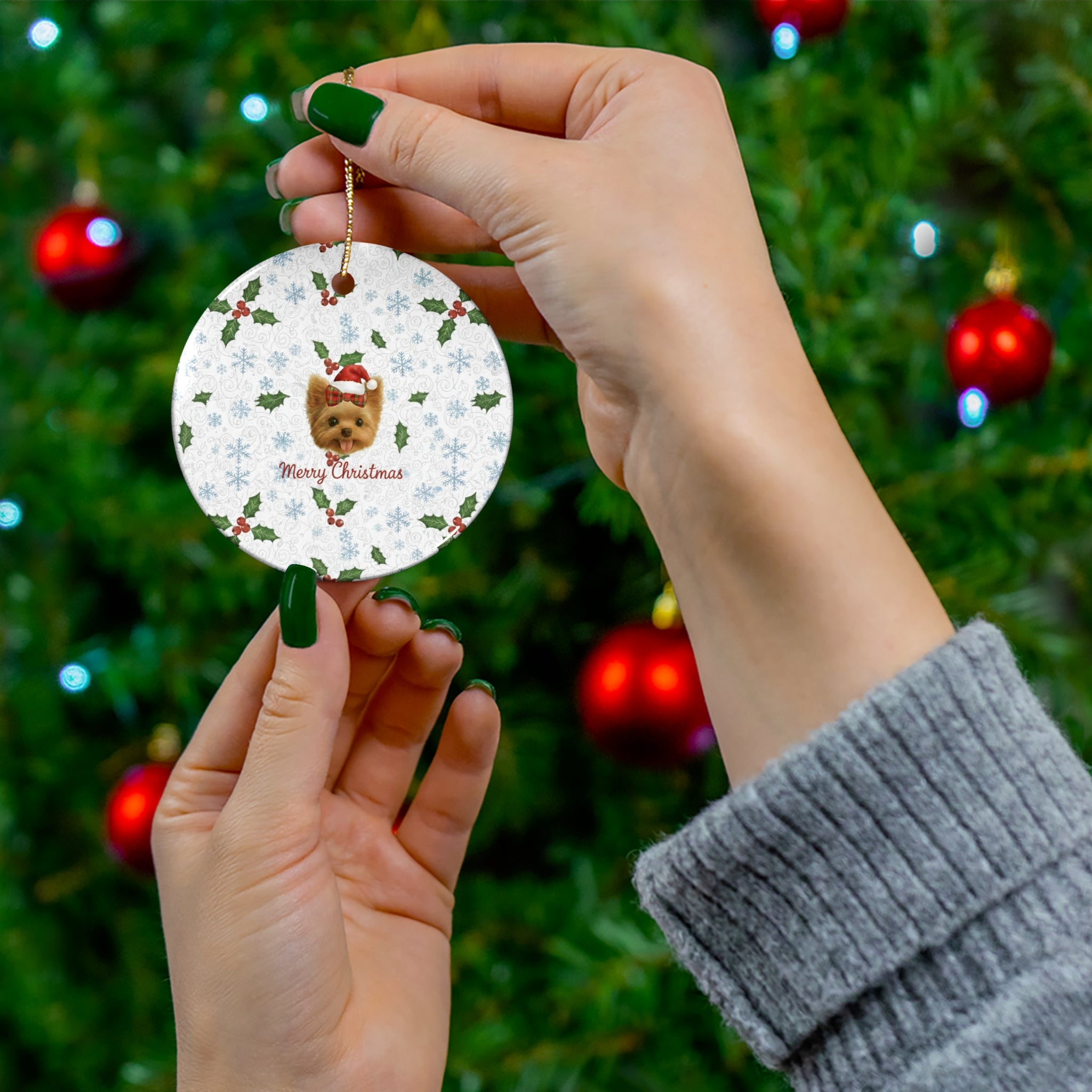 Christmas Yorkie Ceramic Ornament – Merry Christmas Holiday Tree Decoration