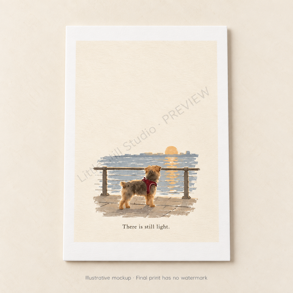 4 × 6 inch postcard with There Is Still Light artwork. Illustrative mockup; preview watermark is not printed.