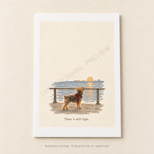 4 × 6 inch postcard with There Is Still Light artwork. Illustrative mockup; preview watermark is not printed.