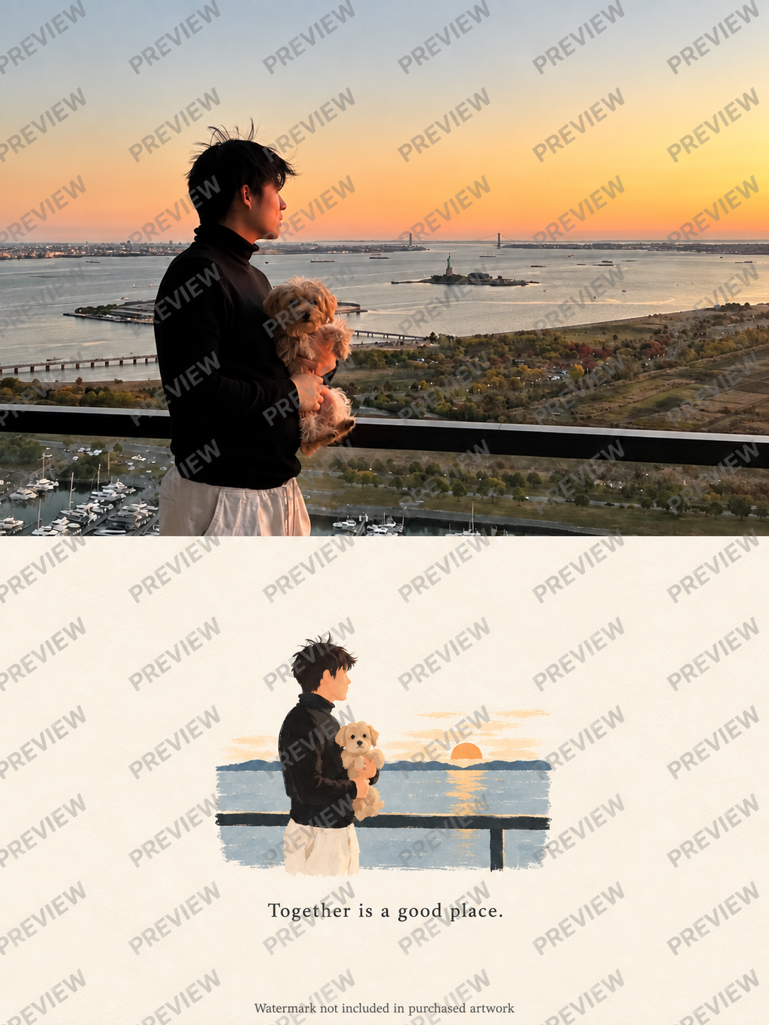 Watermarked custom photo + artwork layout example; final artwork has no watermark.