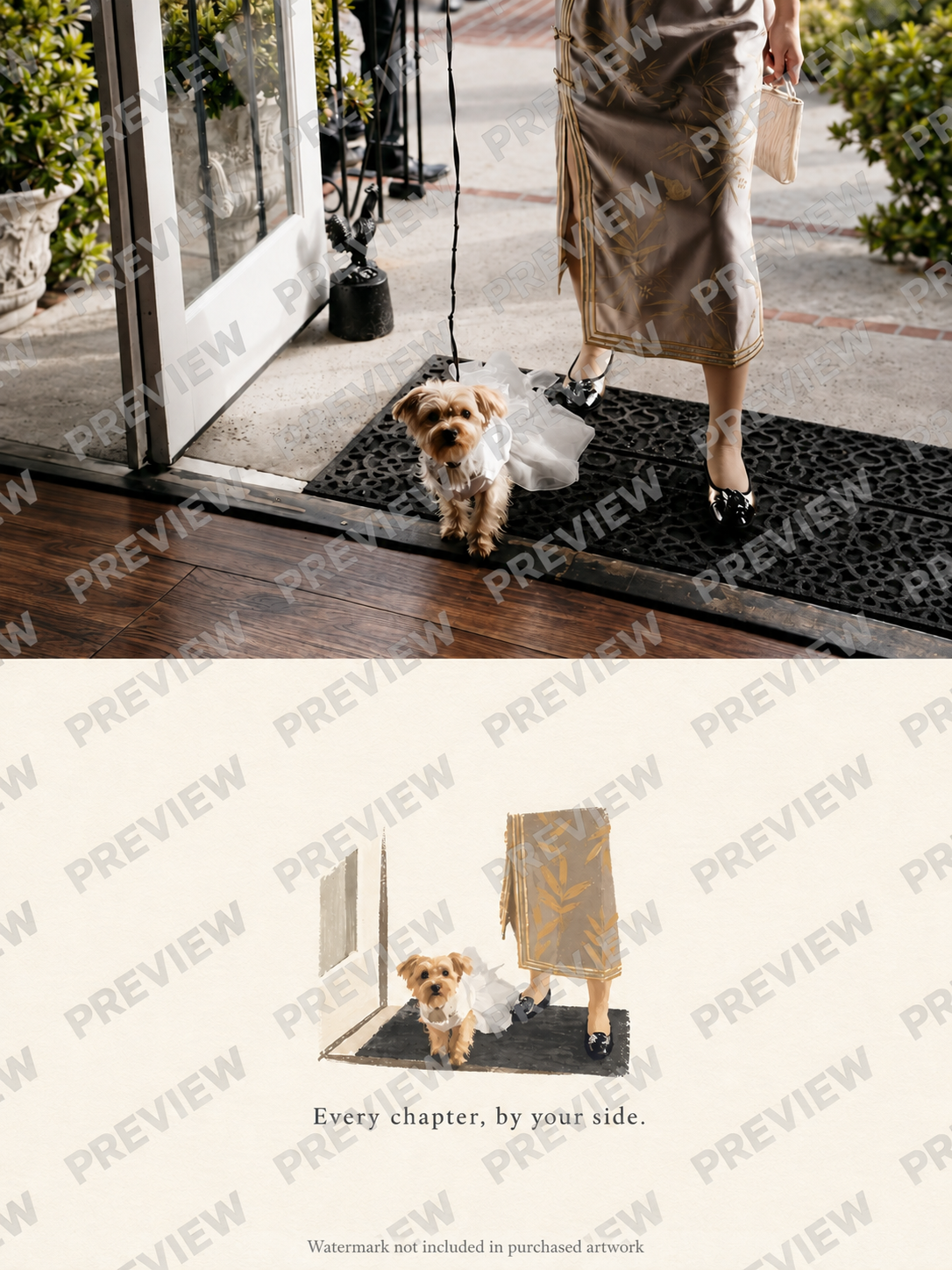 Watermarked custom photo + artwork layout example; final artwork has no watermark.